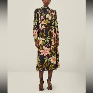 NWT FARM Rio Black Surreal Flowers High Neck Midi Dress